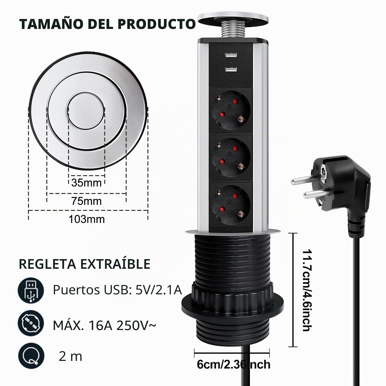 Regleta de mesa retráctil con 2 puertos USB, 3 enchufes retráctiles, 60 mm, con cable de 2 m, regleta empotrable, para encimera, oficina, cocina
