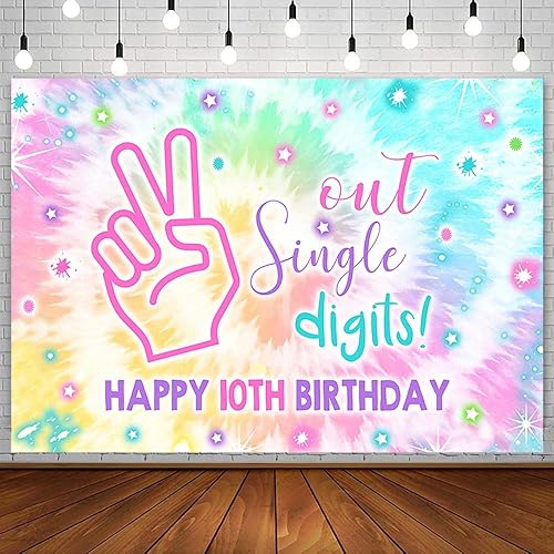 Telón de fondo de un solo dígito de 7 x 5 pies para decoración de fiesta de cumpleaños número 10 para niña, diseño de arco iris, texto en inglés