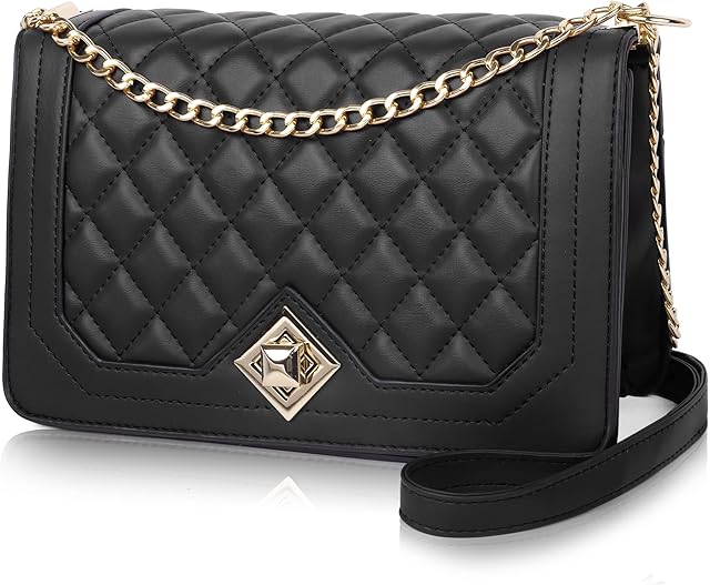 NiCoLa Crossbody Bags for Women, Small Ladies Shoulder Bag PU Leather Quilted Handbags Purse with Gold Buckles and Multifunctional Chain Strap Cross Body Phone Bag Evening Clutch