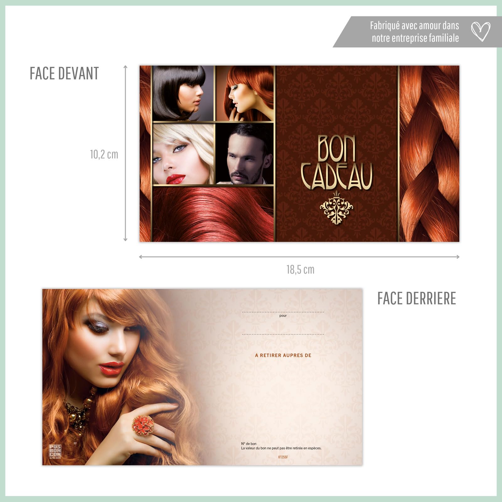 POS BON - 100 bons cadeaux à remplir avec enveloppe/nœud ruban - formulaires imprimés pour des salons de coiffure K1255F2-100-V1