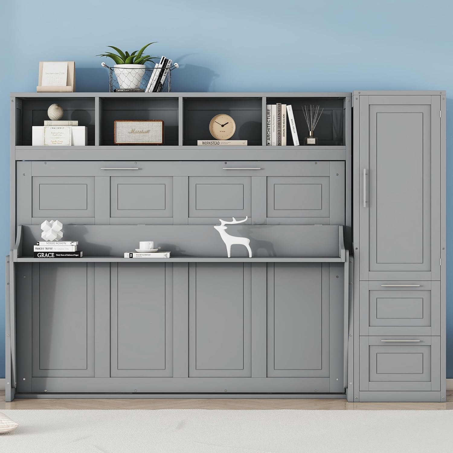 P PURLOVE Full Wood Murphy Bed with Closet, Open Shelves, Cabinets and Drawers, Murphy Bed Frame for Adult, Teenager, No Box Spring Needed (Gray)
