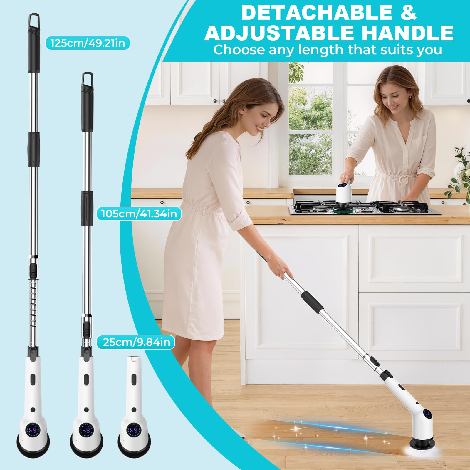 SHINER Brosse Nettoyage Electrique Rotative, Brosse Electrique Nettoyage avec 3 Vitesses, 8 Têtes, Batterie 3000mAh, Manche Extensible, étanche IPX7, Brosse Nettoyage Salle de Bain et Cuisine