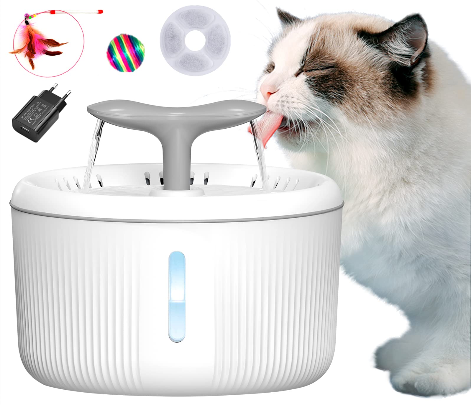 PewinGo Fontanella per Gatti, 2L Silenzioso Automatico Fontana per Cani con 4 Giocattoli / Filtro / Finestra Livello Acqua LED Parte superiore in plastica