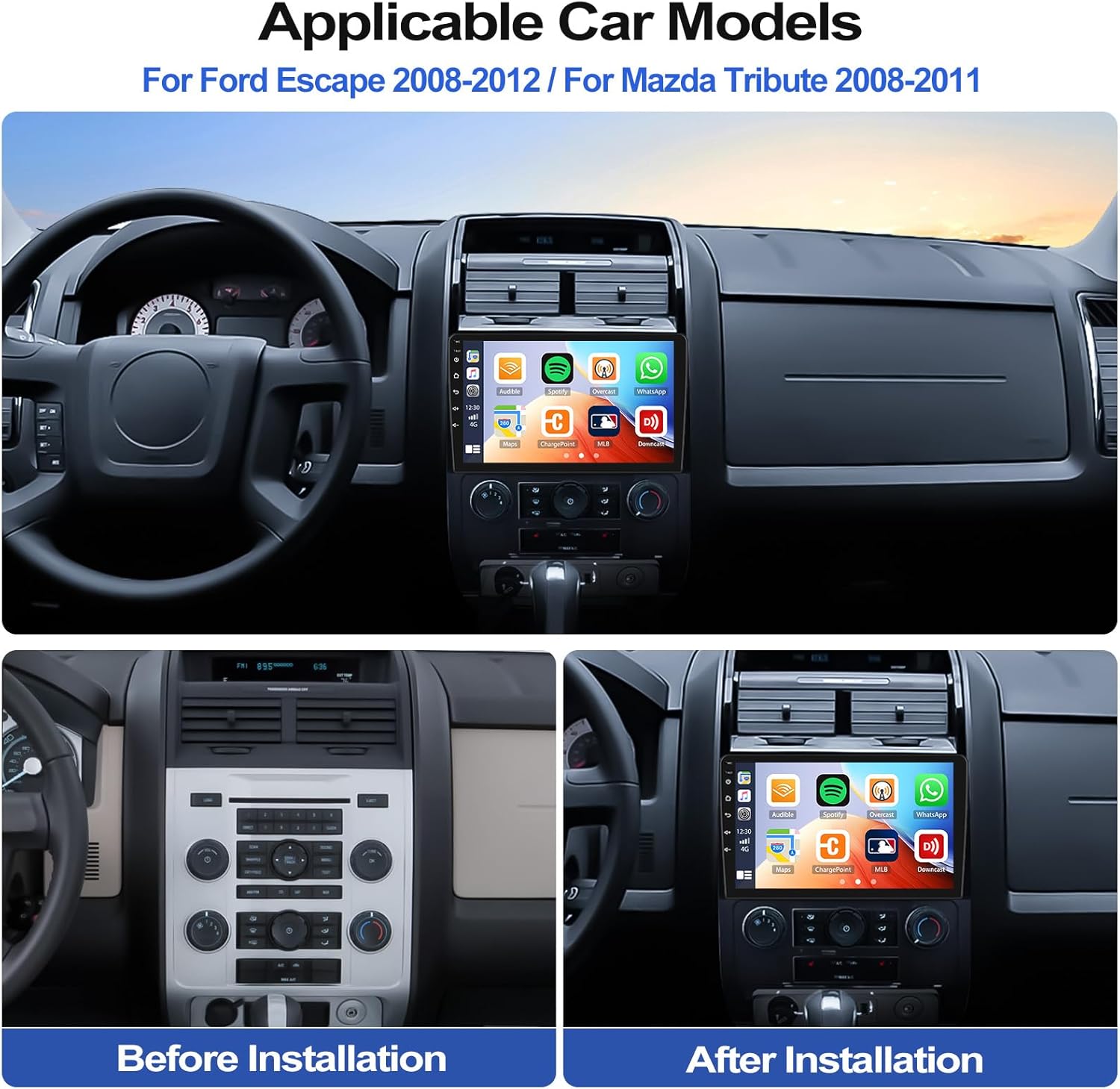 CAMECHO 4G+128G Car Radio for Ford Escape/Mazda Tribute 2007-2012 with Android 15 CarPlay Android Auto 9" InCell 1280 * 720 Touch Screen Car Stereo with WiFi GPS Bluetooth FM RDS HD Backup Camera