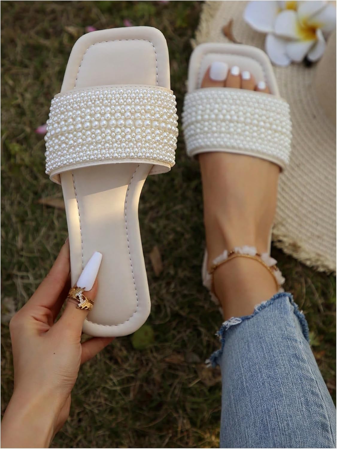 GORGLITTER Women's Pearls Sandals Rhinestone Flat Sandals Dressy Open Toe Slide Sandals - Image 5