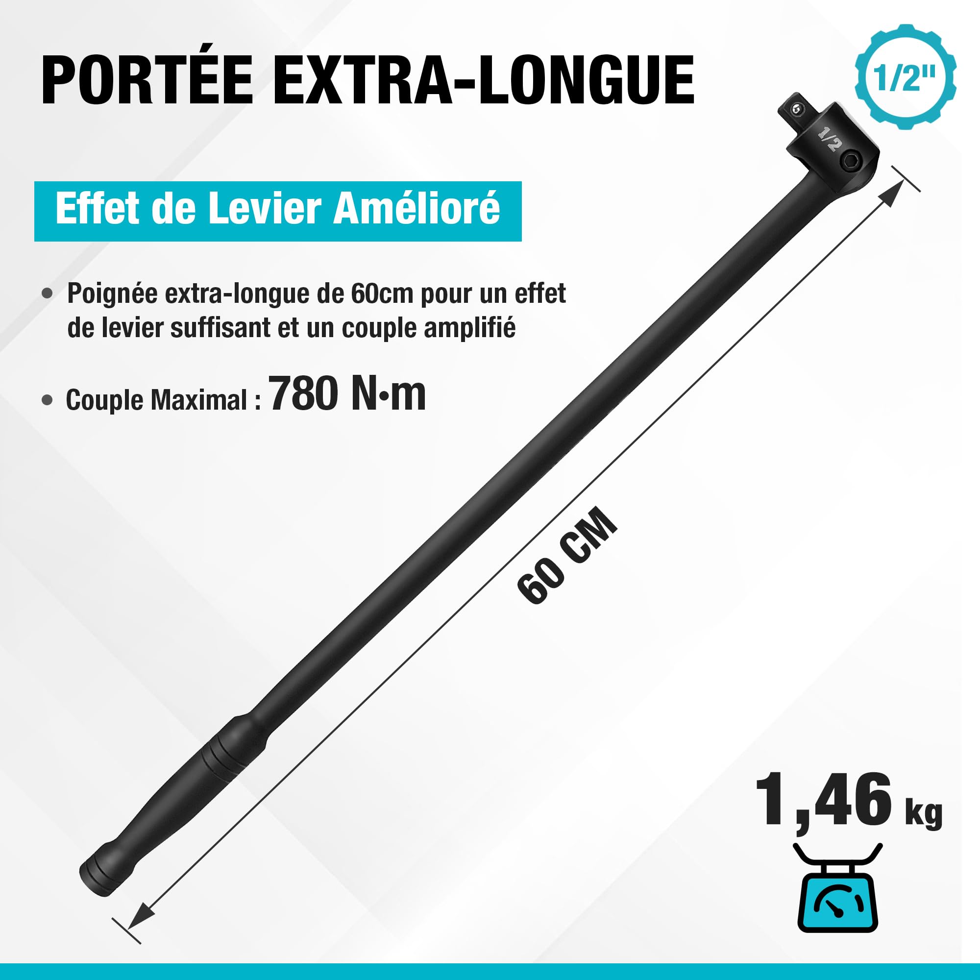 DURATECH Clé à Cliquet Articulée 1/2", Barre de Force de 600 mm Robuste, Clé de Force avec Tête Flexible 240°, Couple Maximal 780Nm, pour Réparations Auto et Atelier