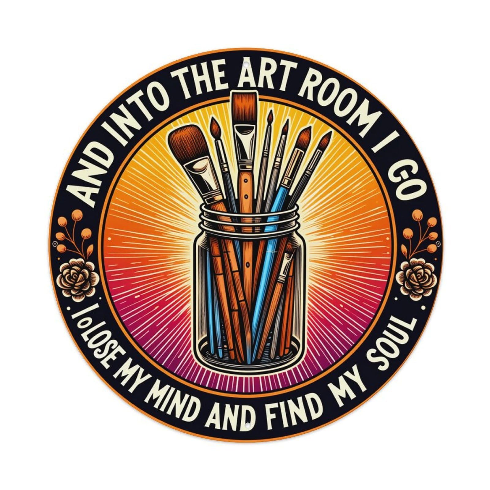 Art Room Brush Jar Sunburst Round Tin Sign Vintage Metal Poster, Home Bar Garage Man Cave Cafe Indoor & Outdoor Wall Decoration 8x8Inches