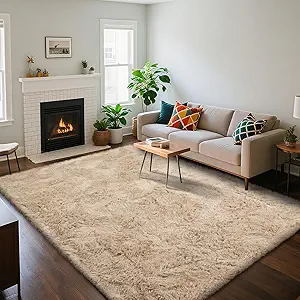 Fluffy Rug Shaggy Area Rug, Beige 6x9 Area Rugs for Living Room, Large Shag Area Rugs for Bedroom Kids Room Home Decor, Upgrade Anti-Skid Rectangular Fuzzy Rugs