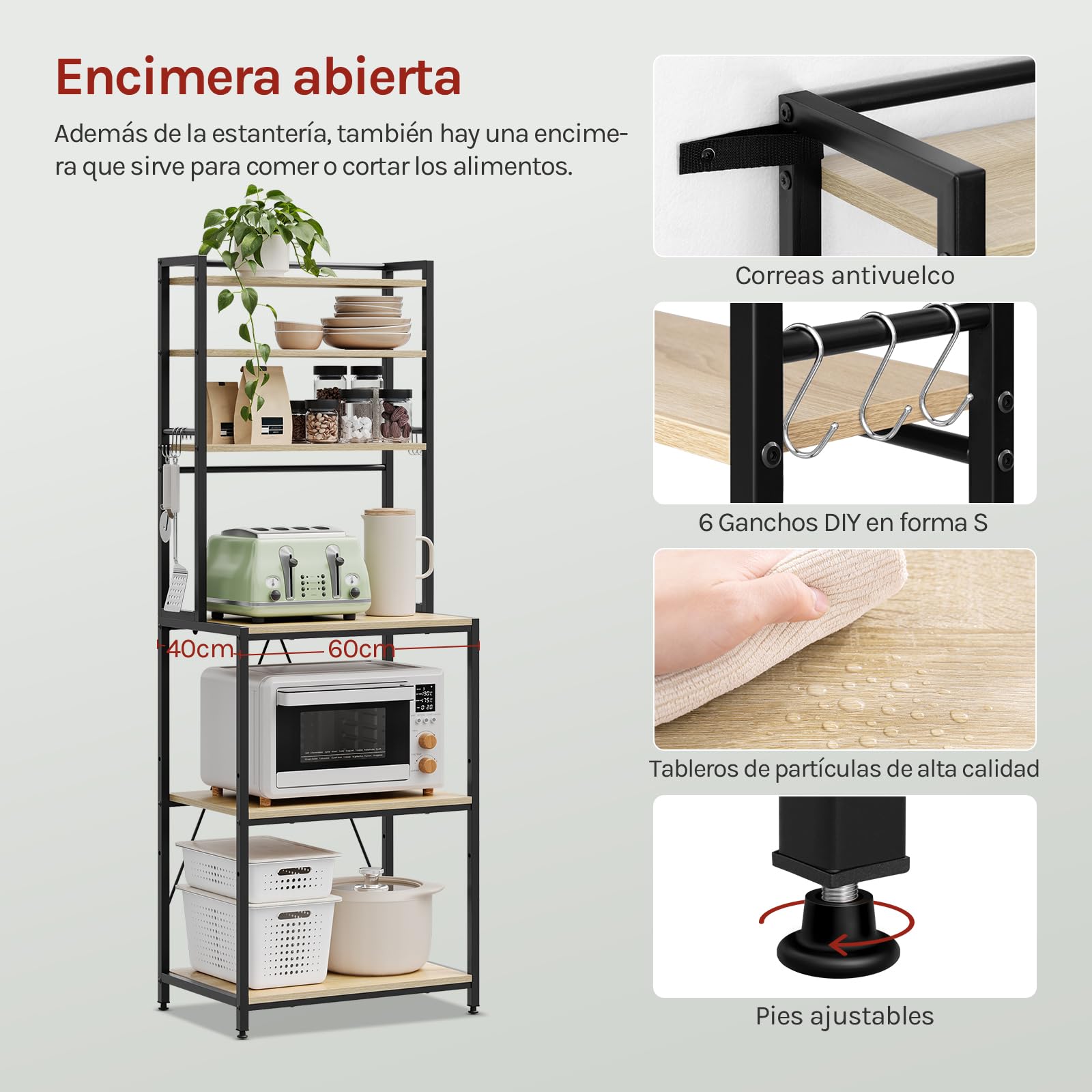 WOLTU Estantes de Cocina de 6 Niveles, Estanteria Almacenaje con 6 Ganchos, Organizador Cocina, Mueble para Microondas, Metal + Madera, 60x40x167 cm, Roble Claro+Negro
