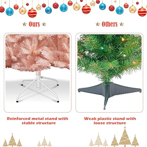 Miniatura 7 de GOFLAME Árbol de Navidad artificial rosa de 6 pies, árbol de Navidad con bisagras con 617 puntas de rama y soporte de metal, agujas de PVC de alta