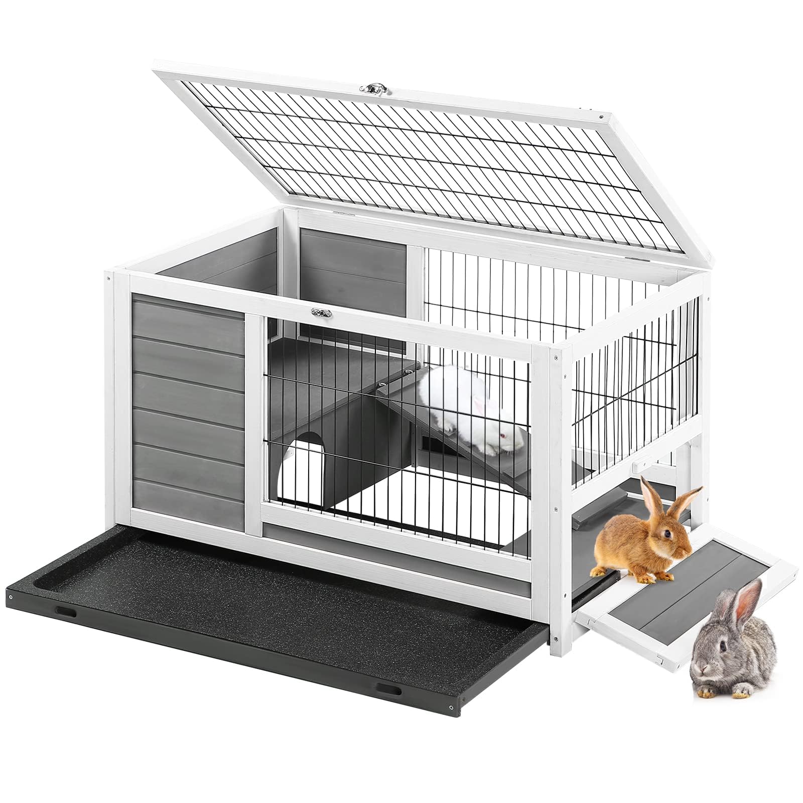 YODOLLA Cage Lapin Exterieur&Intérieur,Clapier Lapin avec Toit ouvrant,Gris | Cage en Bois,Clapier en Bois,90x50x55cm,Clapier à Lapin,Plateau Amovible et Rampe