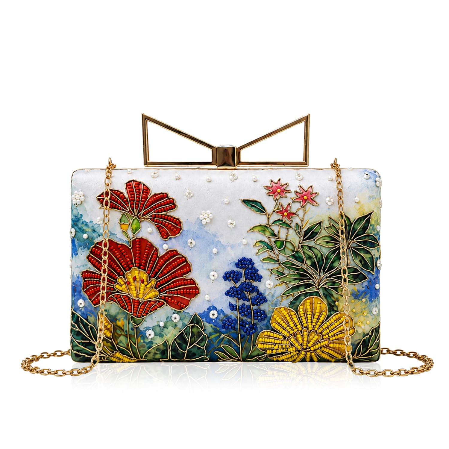 Printed Multicolor Botanical Floral Designer Clutch with Hand Embroidery-image-32