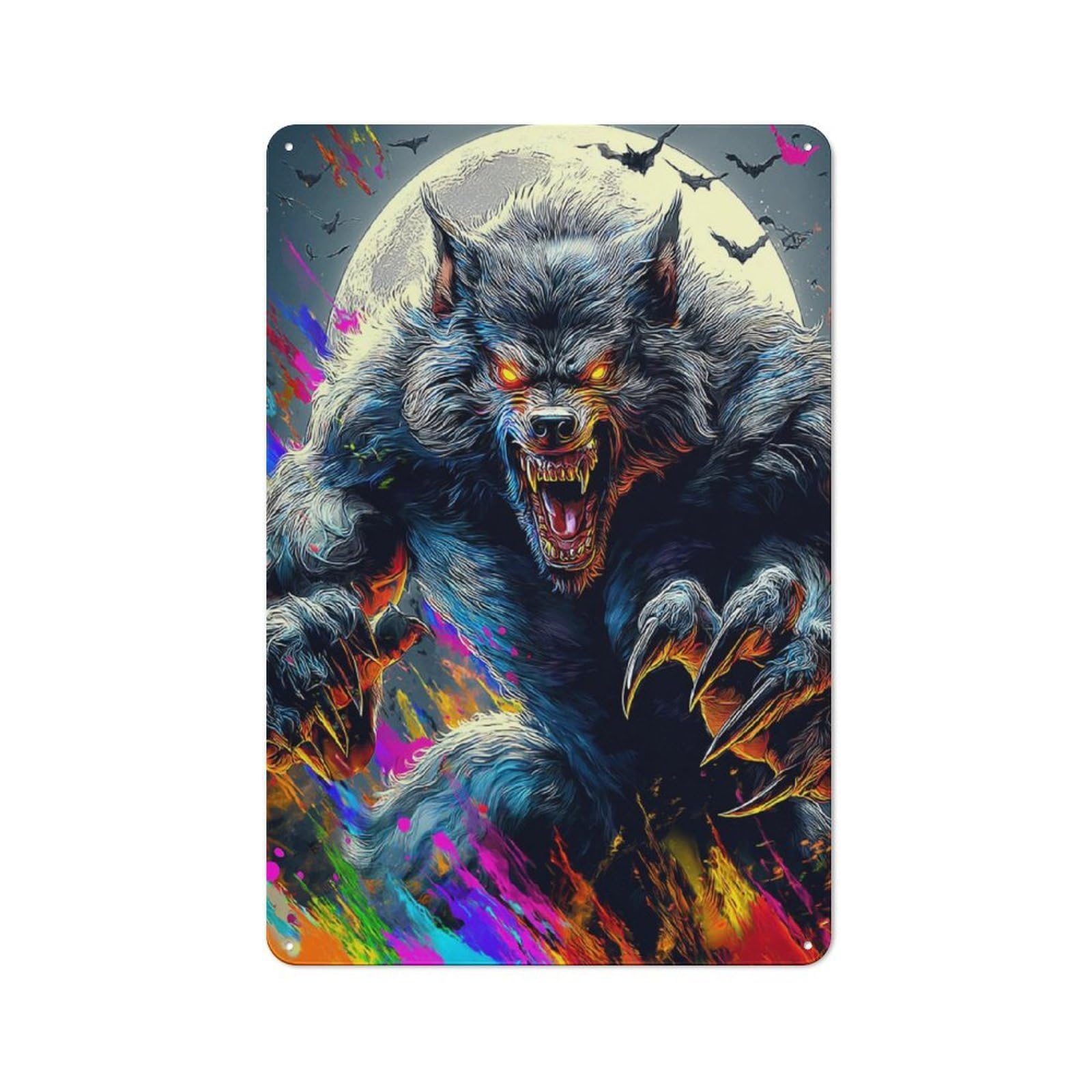Junmoney Moonlit Werewolf Roar Metal Wall Sign With Design 30X20cm, Loft Style Studio Wall Art For Flat, Bar, Studio Or Gallery Wall