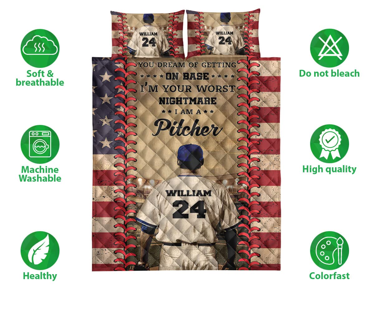OhaPrints Custom Baseball for Son Boy Pitcher Personalized Name Number Quilt Blanket & Pillowcases, Quilts Bedding Set & Pillow Cover, King Queen Double Twin Throw Full Size Bedspread Bed Sets