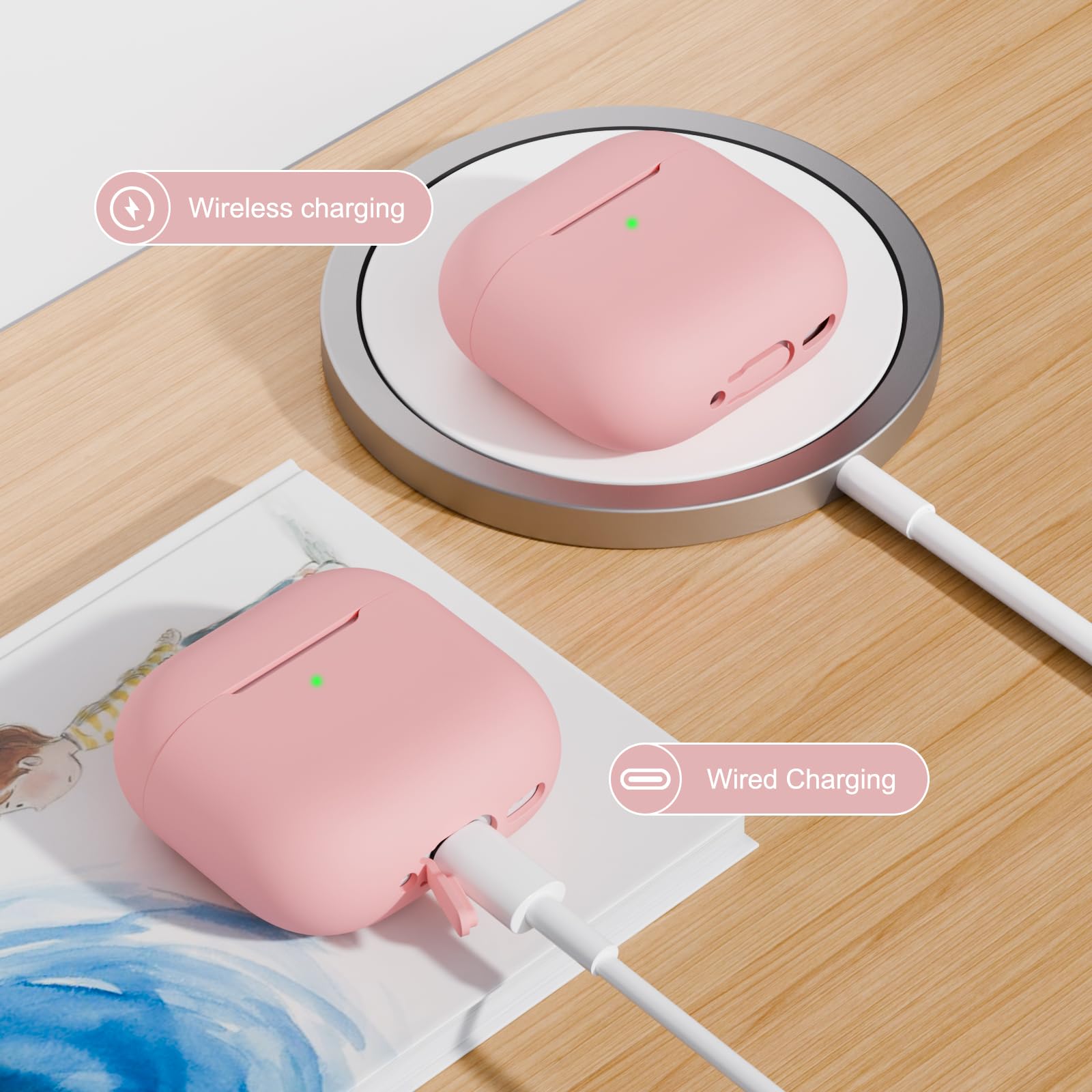 KOKOKA Siliconen hoes, compatibel met Airpods 4 2024, led aan de voorkant, zichtbaar, zachte siliconen volledige bescherming, schokbestendig hoesje voor AirPods 4e generatie, met reinigingsset, roze