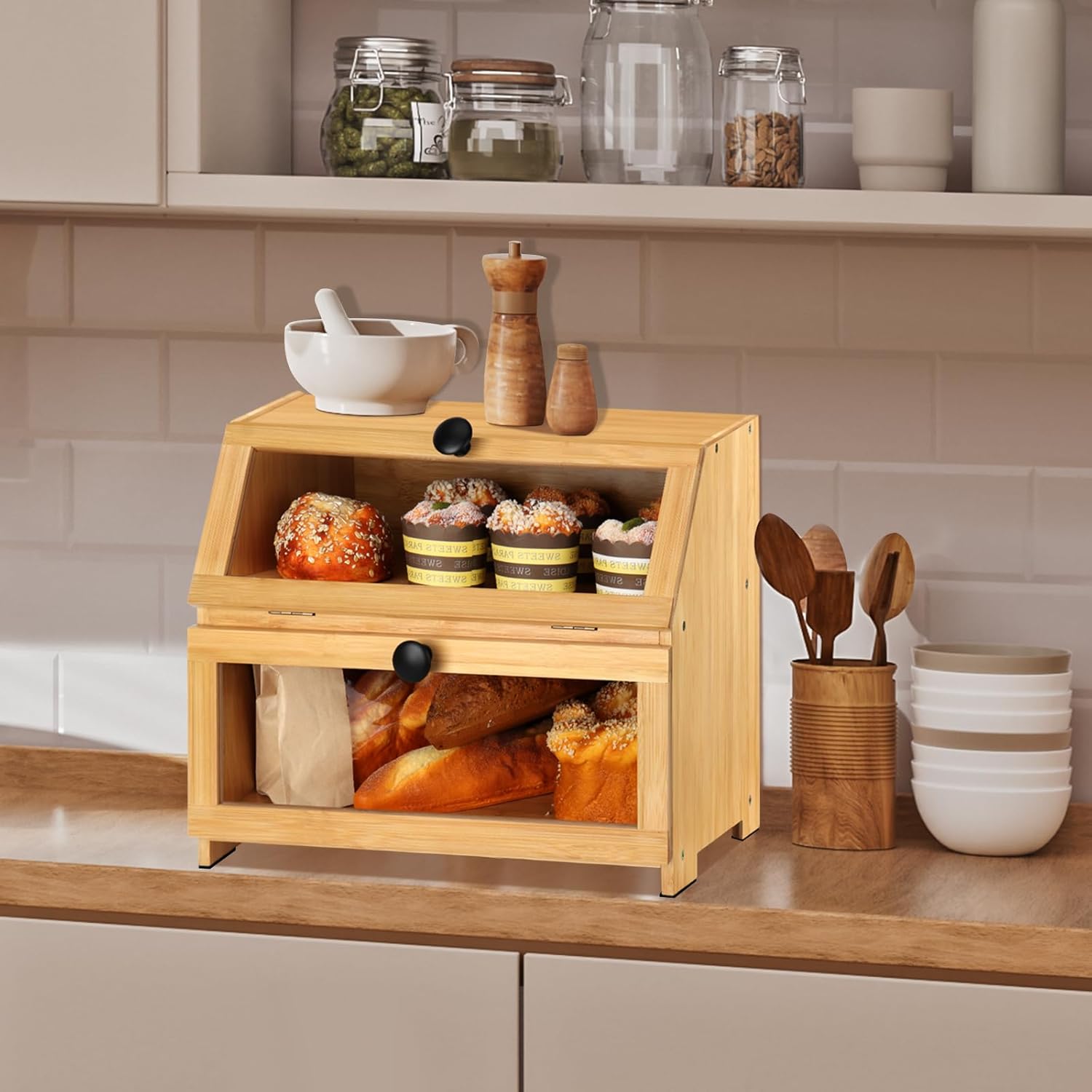 Bamboo Bread Box for Kitchen Countertop, Large Bread Storage Container Bin 2 Layer Breadbox Holder for Kitchen Counter, Cabinet, Pantry, Cupboard (Natural)