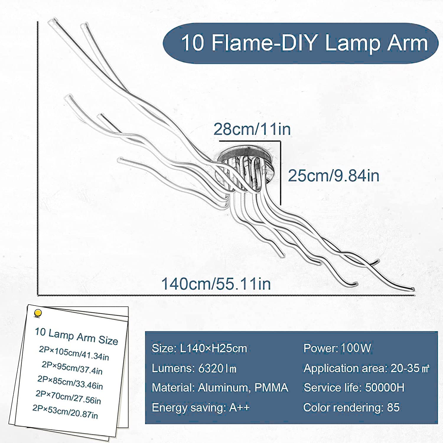 Lampa sufitowa LED L140 cm, 10 gałęzi, nowoczesna, ściemniana z pilotem, 3000 K-6500 K, do salonu, 138 W