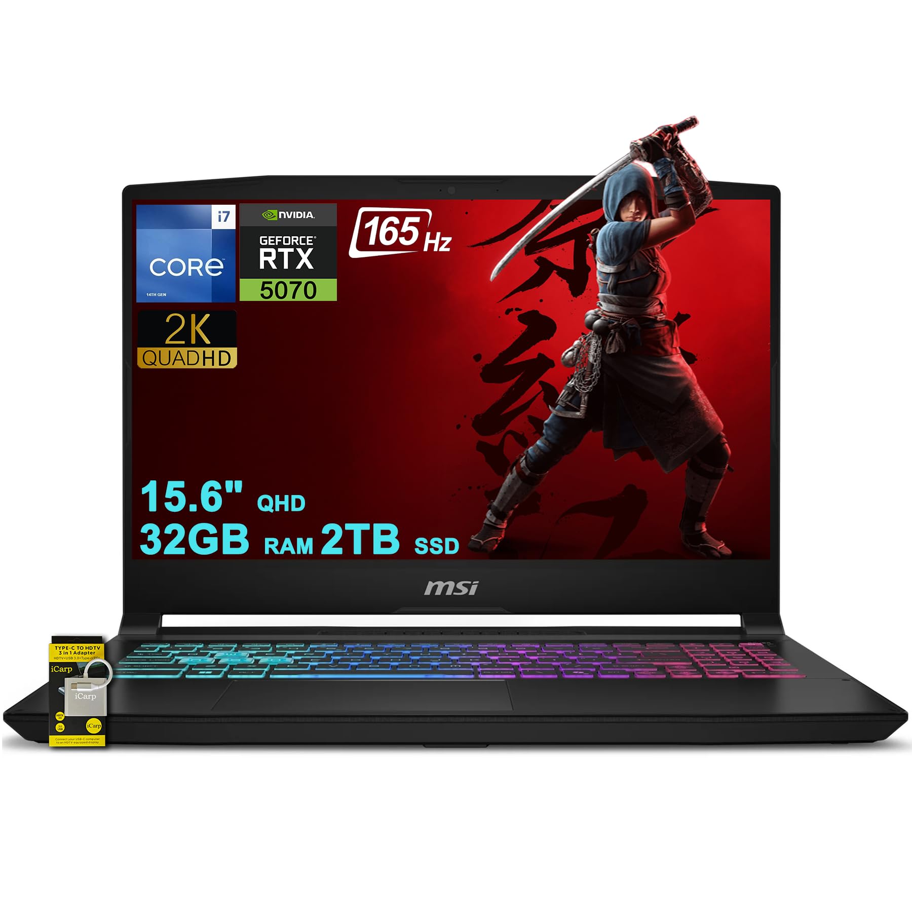 Katana 15 HX Gaming Laptop 15.6" QHD IPS 165Hz (100% DCI-P3) Intel 16-core i7-14650HX (>i9-12900H) 32GB DDR5 2TB SSD GeForce RTX 5070 DLSS4 (Up to 798 AI Tops) RGB Backlit Type-C Win11 ICP Acc