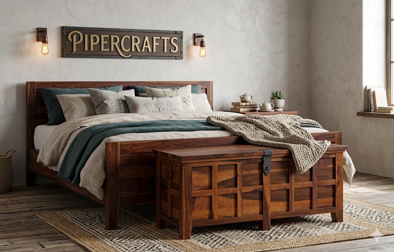 PIPERCRAFTS Trunk Box for Storage, Storage Box for Clothes Wooden in Sheesham Wood [ Honey Finish ]-picture-0