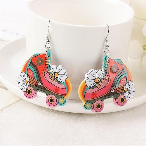 Miniatura 5 de Aretes retro de neón de los años 60, 70 y 80 para mujer, divertidos zapatos de patinaje creativos, aretes de bola de discoteca, aretes colgantes de
