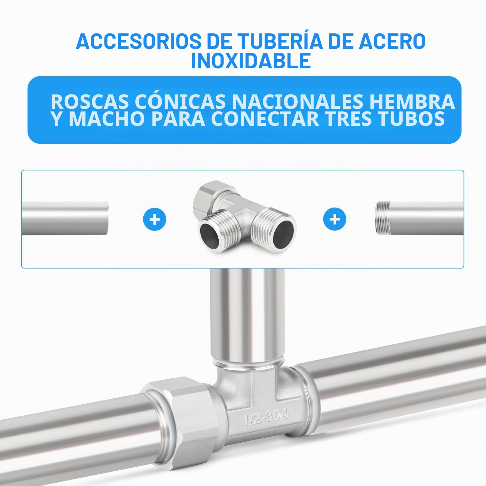 Conector en T flexible 3 vías acero inoxidable 304 1/2" macho BSP tuerca de unión para rociador