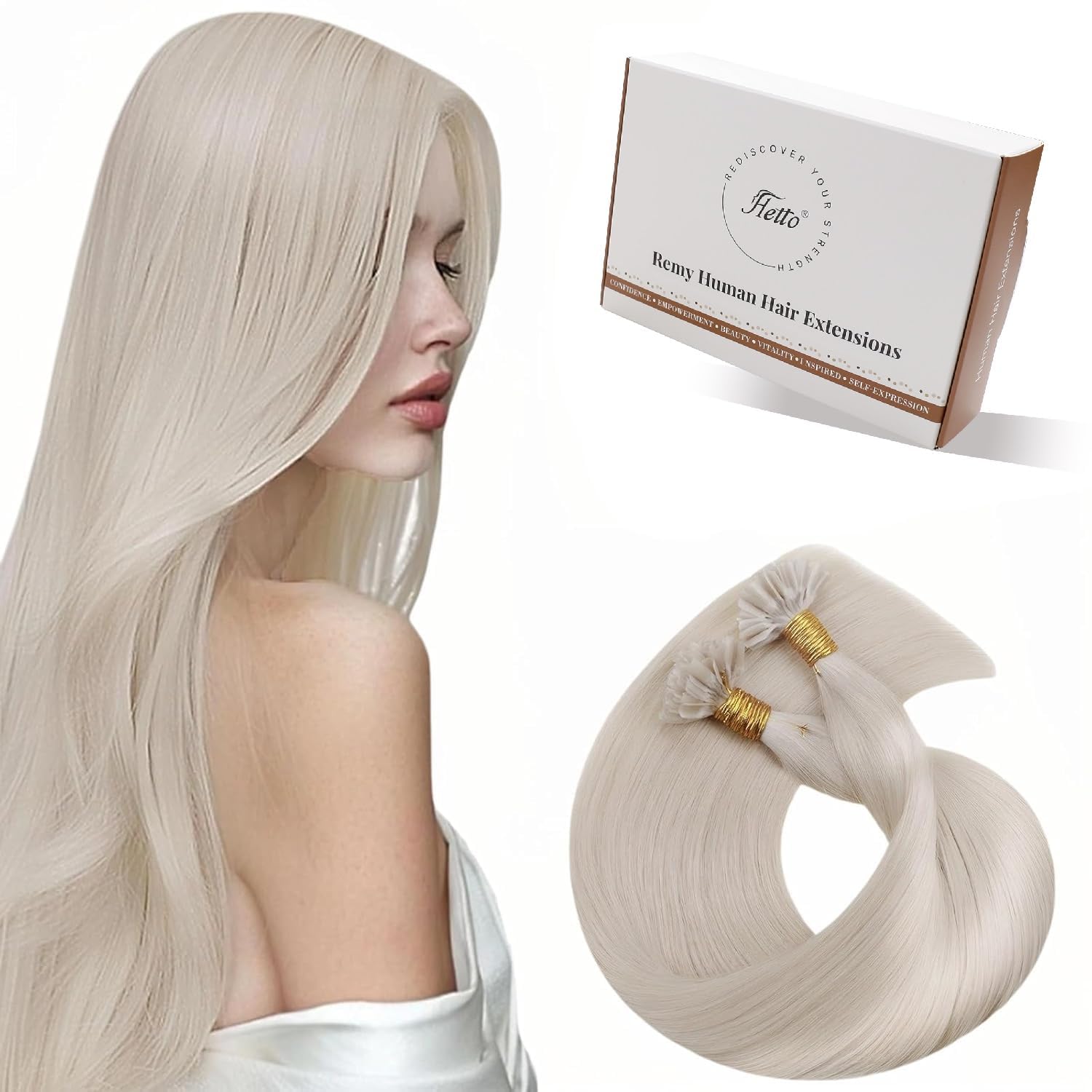 Hetto Bonding Extensions Echthaar Platinblond 50 Stück 1g/Stück – Sicherer Halt, Präzise Strähnen, Zum Erhitzen, Für Trendbewusste Frauen, Perfekt für Alltag, Für kurze Haare 35cm #60 - 2