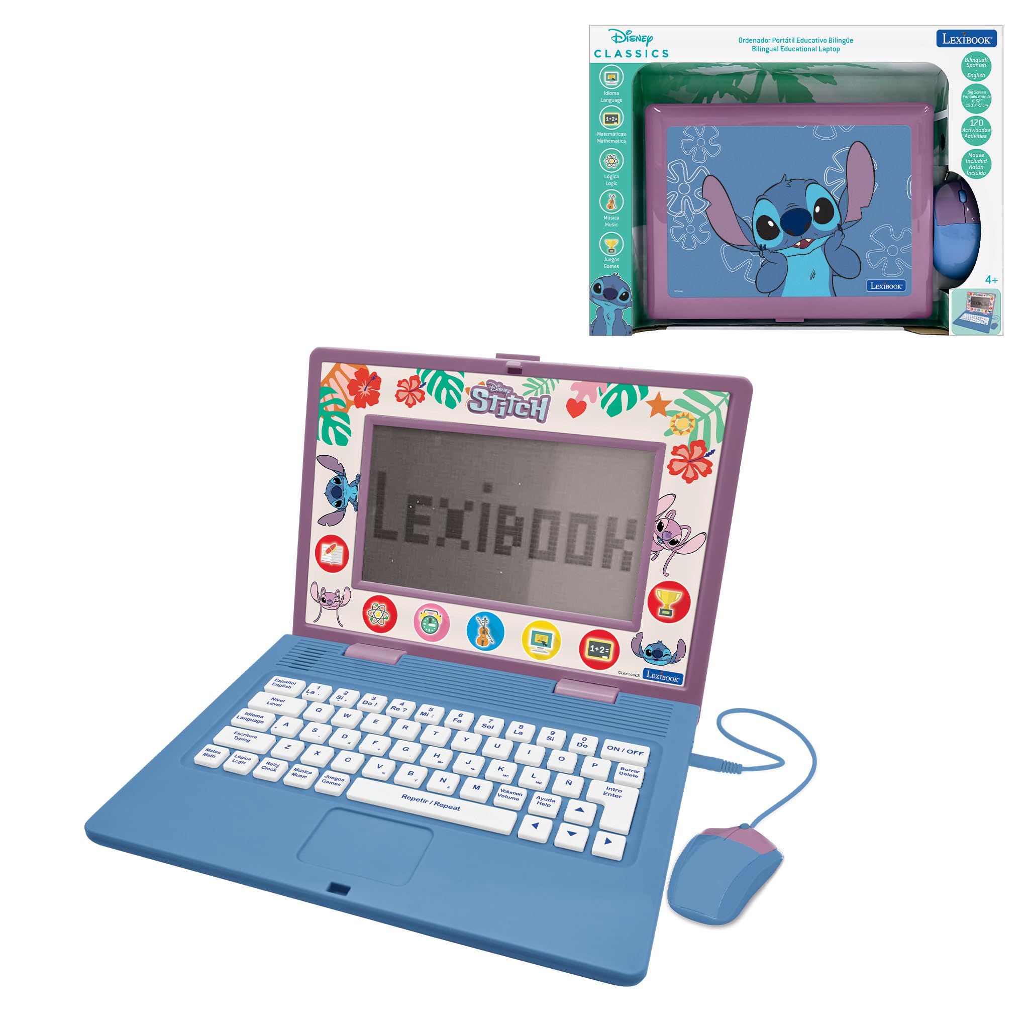 LEXIBOOK, Stitch, Portátil Educativo, JC599Di2LXB | Inglés/Español, 170 actividades, pantalla grande, juegos y música