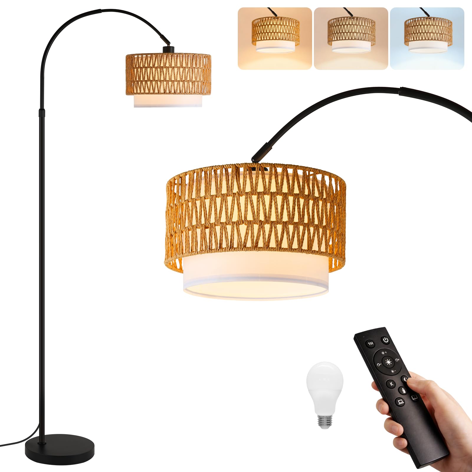 Boho Stehlampe Wohnzimmer Stehleuchte Rattan Bogenlampe Schwarz | Vintage Bogenleuchte Standlampe Bogen Wohnzimmerlampe stehend mit Fernbedienung Leselampe für Schlafzimmer Büro