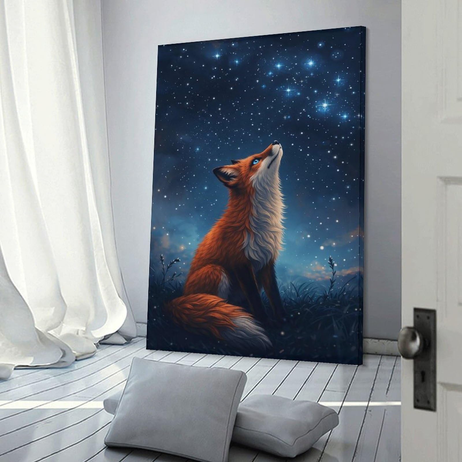 Junmoney Starry-Eyed Fox Under The Night Sky Wall Picture Print 16x24inch(40x60cm), for Apartment Walls, Studios Or Work Areas, A Simple Refresh for Blank Walls
