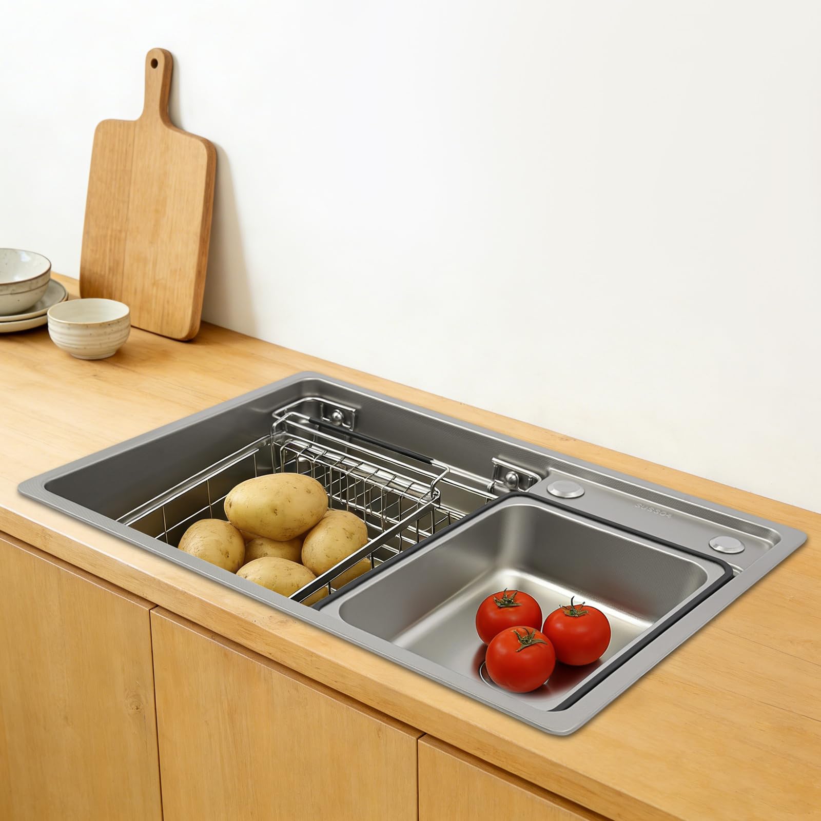 Vielseitige Edelstahl Küchenspüle, 1 becken Einbauspülen Auflagespüle mit Abtropfkorb & Siphon, für ab 58 cm Unterschrank, ideal für Wohnmobil, Vorbereitungsküche & Bar