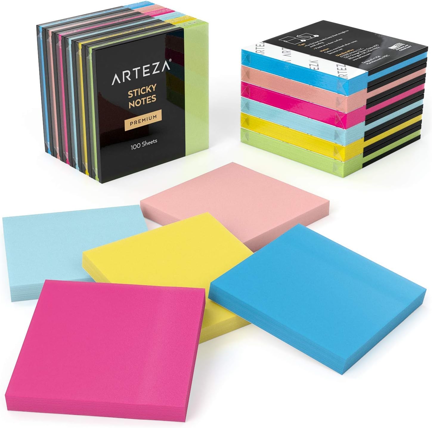 Arteza Sticky Notes, 48 Pads, 100 Sheets Each, 3 x 3 Inches, 6 Assorted Colors, Re-Adhesive, Office Supplies for to-Do Lists, Reminders, and Studying