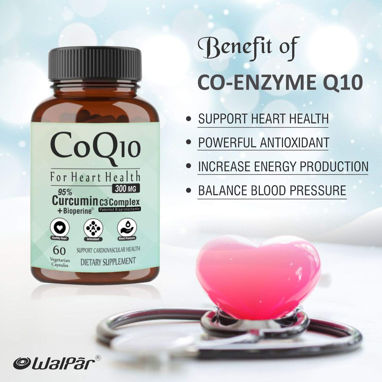 WALPAR High Absorption Tripple Strength CoQ10 Organic Natural Supplement Coenzyme Q10 300mg with Piperine Bioperine & Curcumin Rich in Antioxident, Promotes Heart Health & Boosts Energy - 60 Capsules : Health & Household