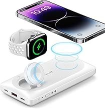VRURC Batterie Externe sans Fil Magnétique 10000mAh Power Bank USB C 22.5W Charge Rapide 3 in 1 Chargeur Portable Compatible avec iPhone 15/14/13, iWatch 8/7/6, AirPods Pro/2(Blanc)