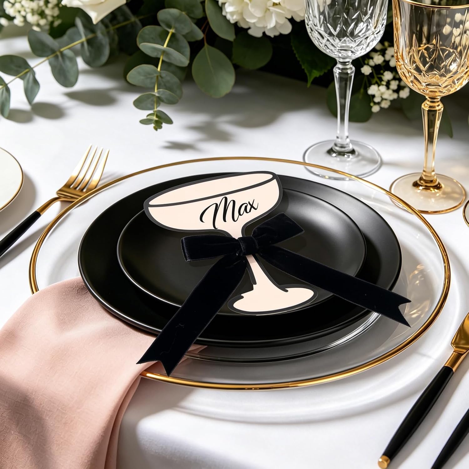 FYSUIMU 50Pcs Wine Glass Place Cards Black Velvet Bow Flat Name Cards Beige Black Seating Card for Wedding Bridal Shower Birthday Table Setting Supplies, 3.5 x 4.4 Inch