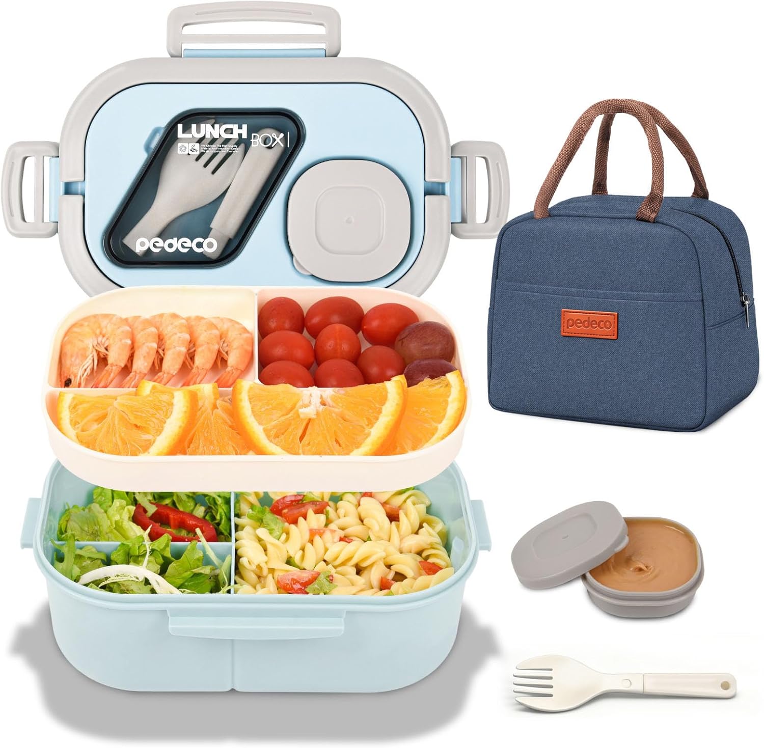 PEDECO Lunch Containers Bento Box Set for Adults & Kids with Insulated Bag, Leakproof 3-Compartment and 2-Tier Stackable Container with Portable Sauce Pod, Microwave/Dishwasher Safe, BPA-Free (Blue)