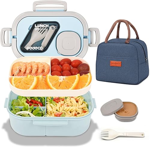 Juego de recipientes de almuerzo Bento para adultos y niños con bolsa aislada, 3 compartimentos a prueba de fugas y contenedor apilable de 2 niveles