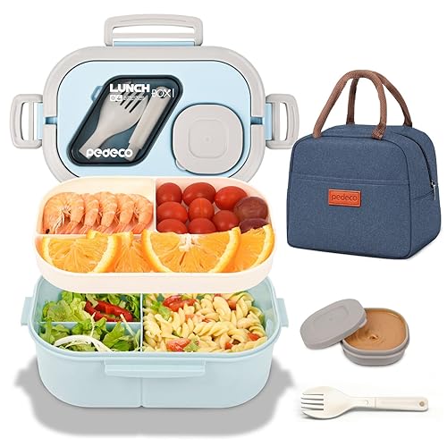 PEDECO Lunch Containers Bento Box Set for Adults & Kids with Insulated Bag, Leakproof 3-Compartment and 2-Tier Stackable Container with Portable Sauce Pod, Microwave/Dishwasher Safe, BPA-Free (Blue)