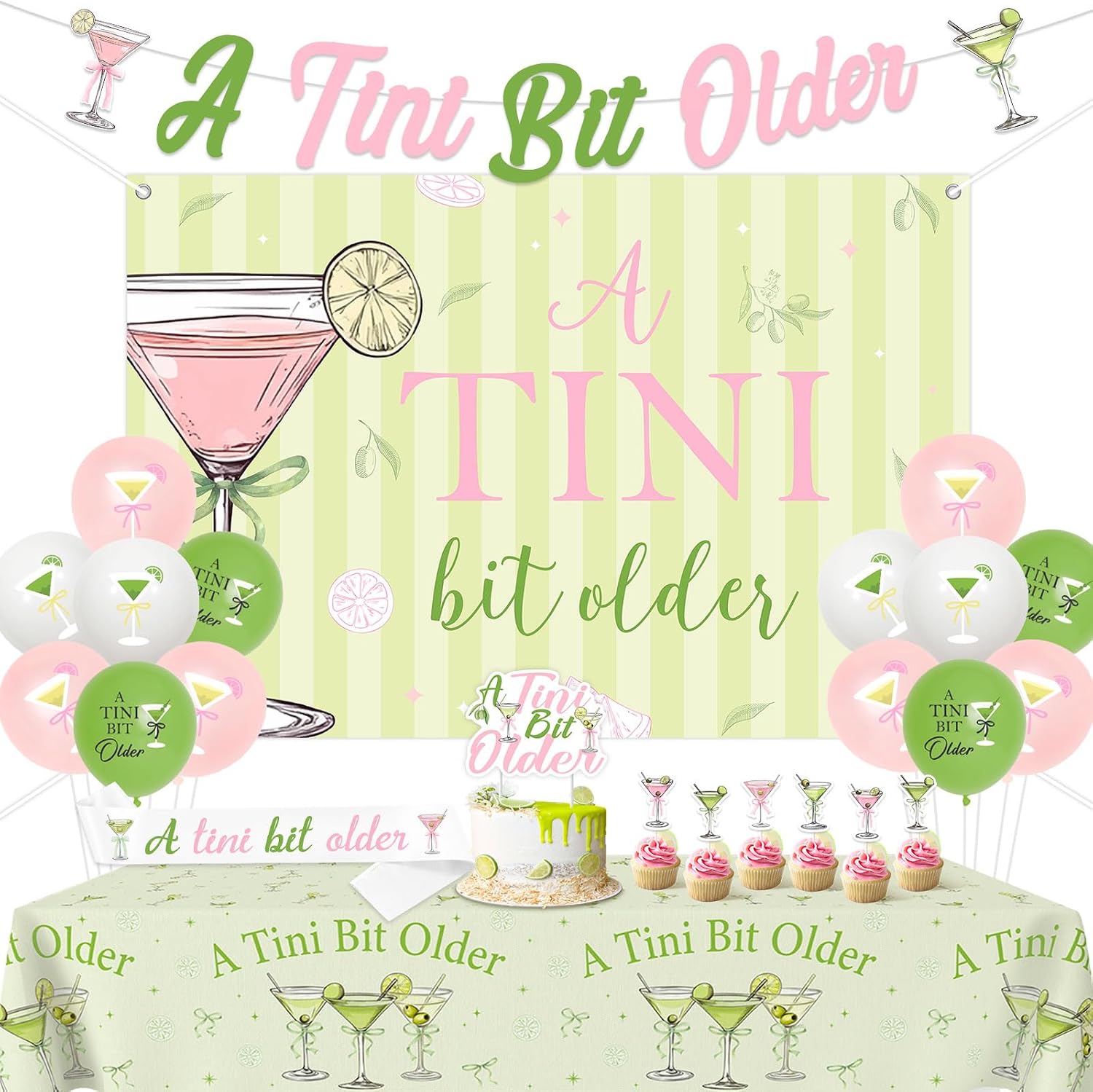 A Tiny Bit Older Birthday Decoration Pink Green Martini Party Backdrop Banner Martini-Cocktail Birthday Cake Topper Weenies And Tinis Bachelorette Martini Trendy Party Tablecloth Balloon