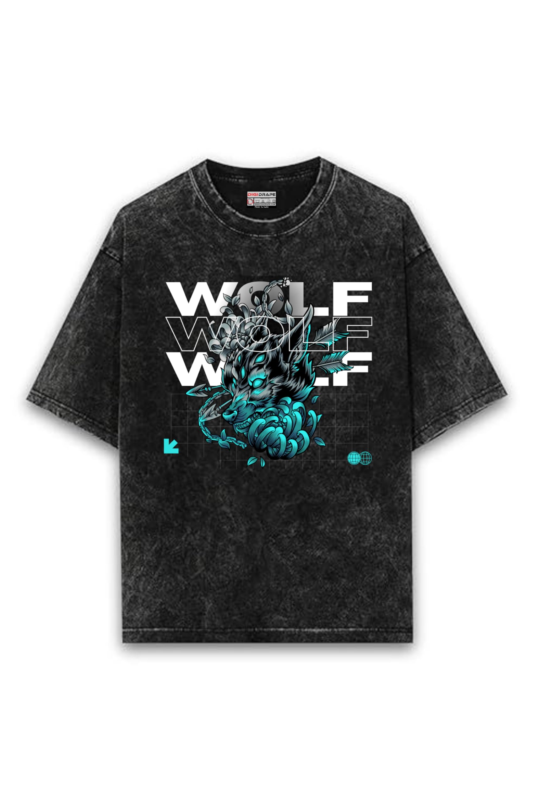 digi drape Wolf Graphic Oversized T-Shirt, Acid Wash Black, Streetwear Style, Unisex-picture-28