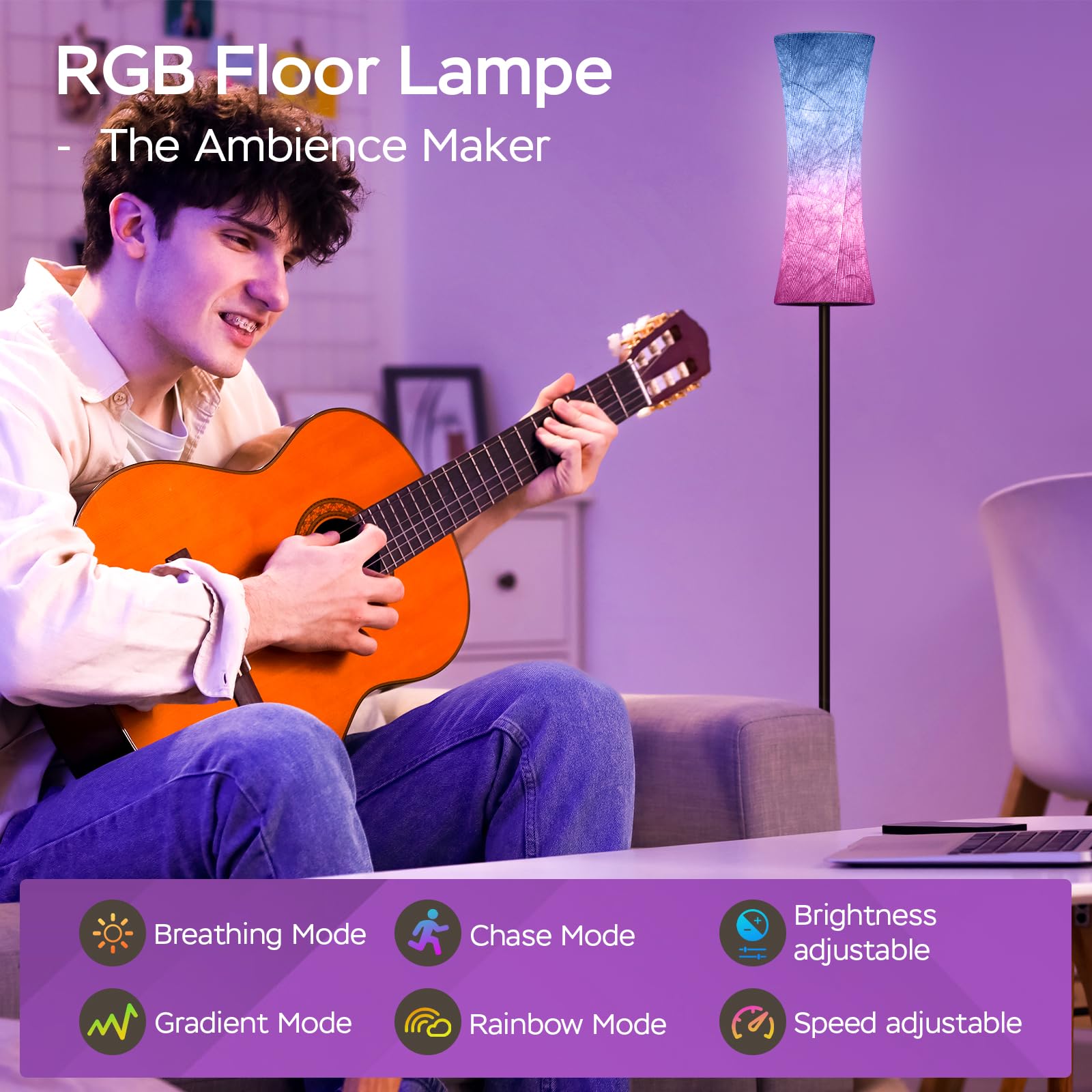 Amedelne RGBW - Lámpara de pie moderna inteligente de 12 W con mando a distancia, de tela, luz ambiental para fiestas, sala de juegos, cámara de círculo, RGBW