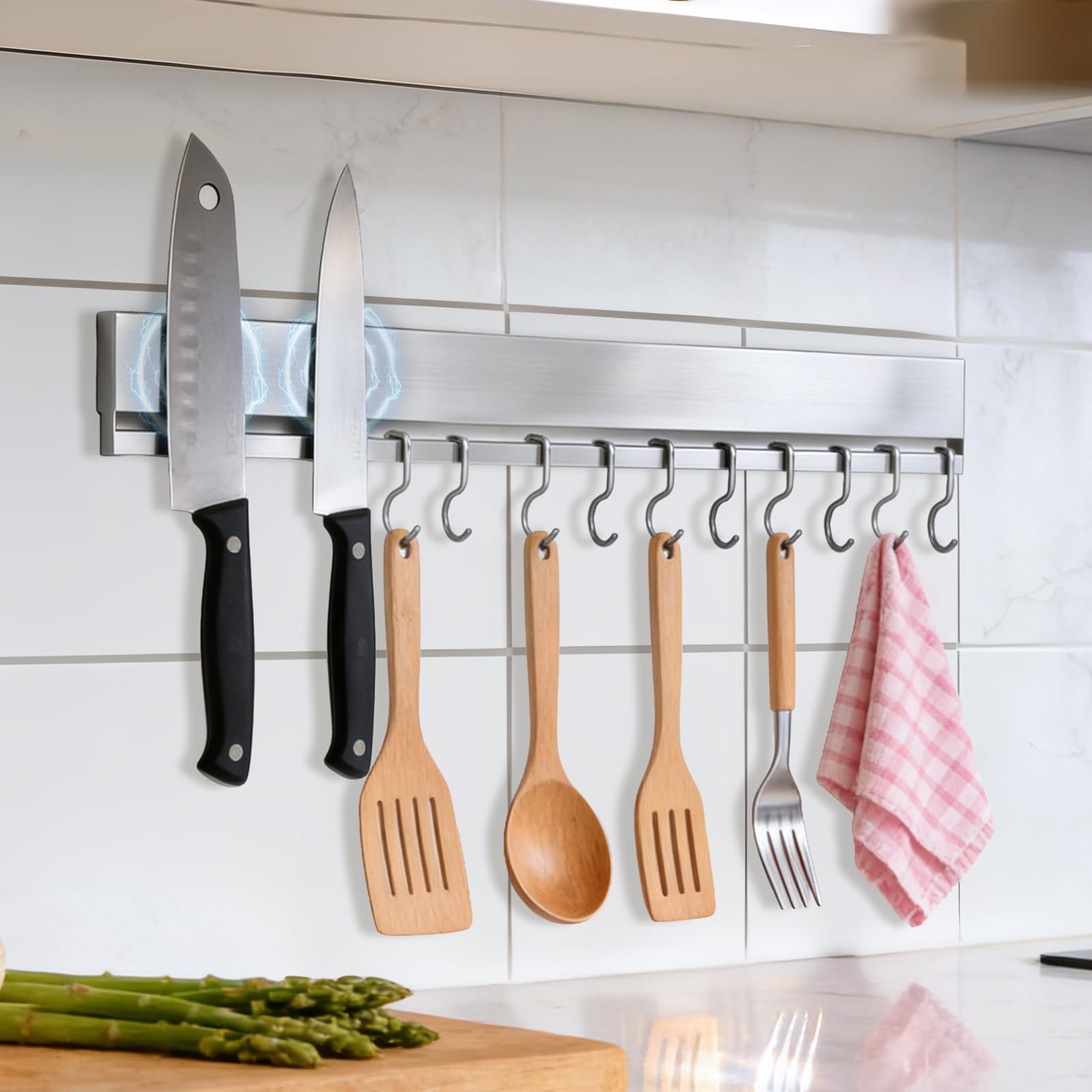 16 Inch No-Drill Magnetic Knife Holder for Wall Mount, 304 Stainless Steel Knife Strip with 10 Hooks & Adhesive/Screws, Space-Saving Kitchen Utensil Organizer & Knife Storage