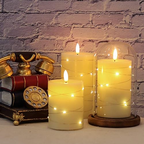 Miniatura 6 de DRomance Juego de 3 velas parpadeantes sin llama con temporizador remoto, funciona con pilas, velas LED de cera real, mecha 3D, luz amarilla,