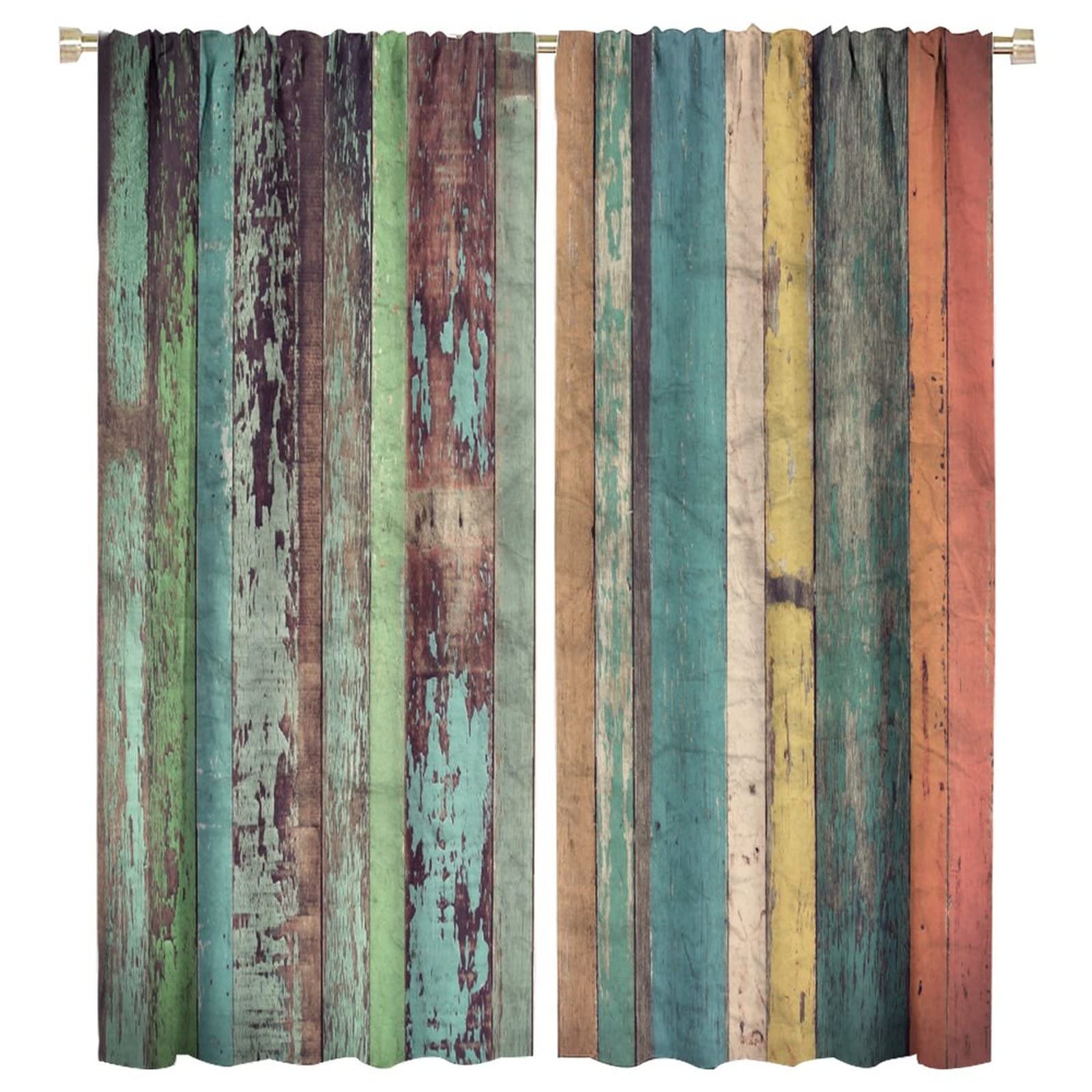 Wooden Print Kitchen Curtains,Rustic Wooden Board Pattern Country Life Theme Vintage Style Fabric Curtains for Bedroom Living Room Colorful Window