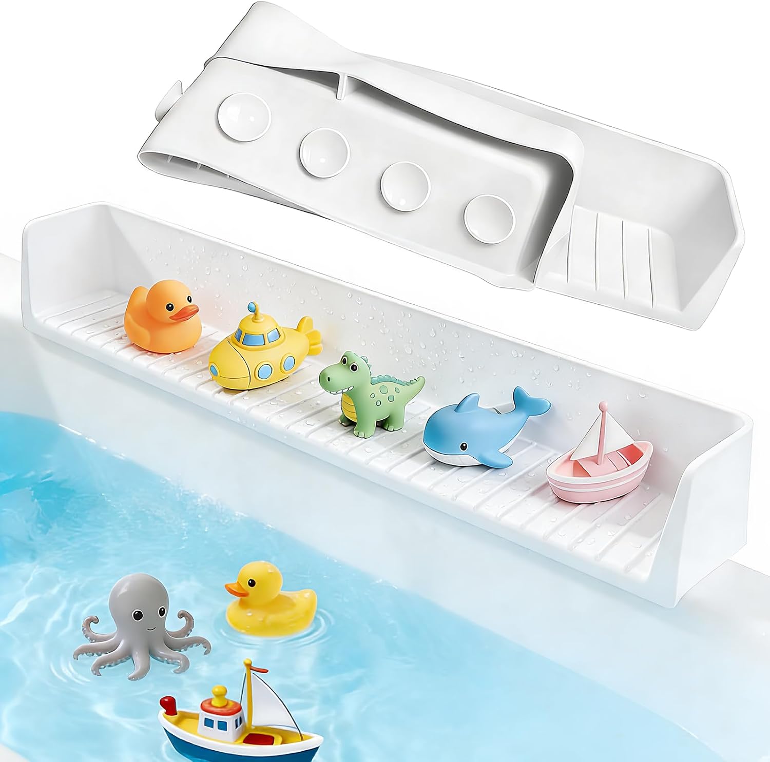 Bathtub Tray Splash Guard: Silicone Bathtub Splash Guard with Suction Cups, Bathtub Side Tray & Bath Toys Holder for Water Spill Prevention & Bathroom Storage, Grey