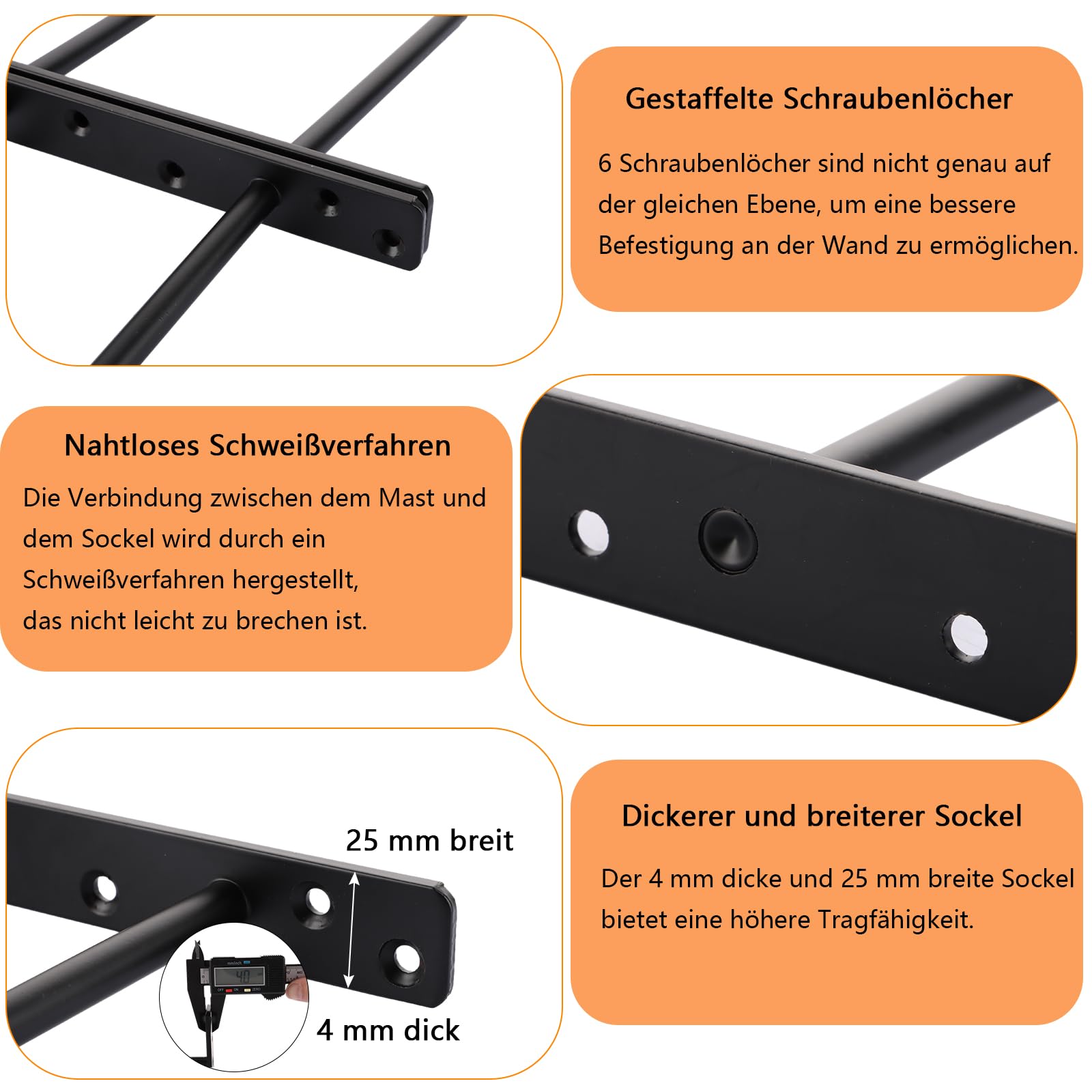 YOUNTHYE Support Etagere Invisible 4 PCS 200x145MM Double Tube Noir Fixation Robuste pour Etagere Murale avec 24 Vis 60MM