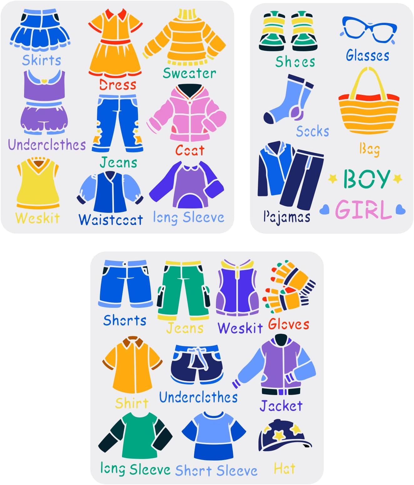 FINGERINSPIRE 3Pcs Clothes Pattern Stencils for Painting Reusable Costume Drawing Template Skirts Shirts Shoes Pattern Painting Stencils for DIY Crafts Home Decor Wardrobe Clothing Classification