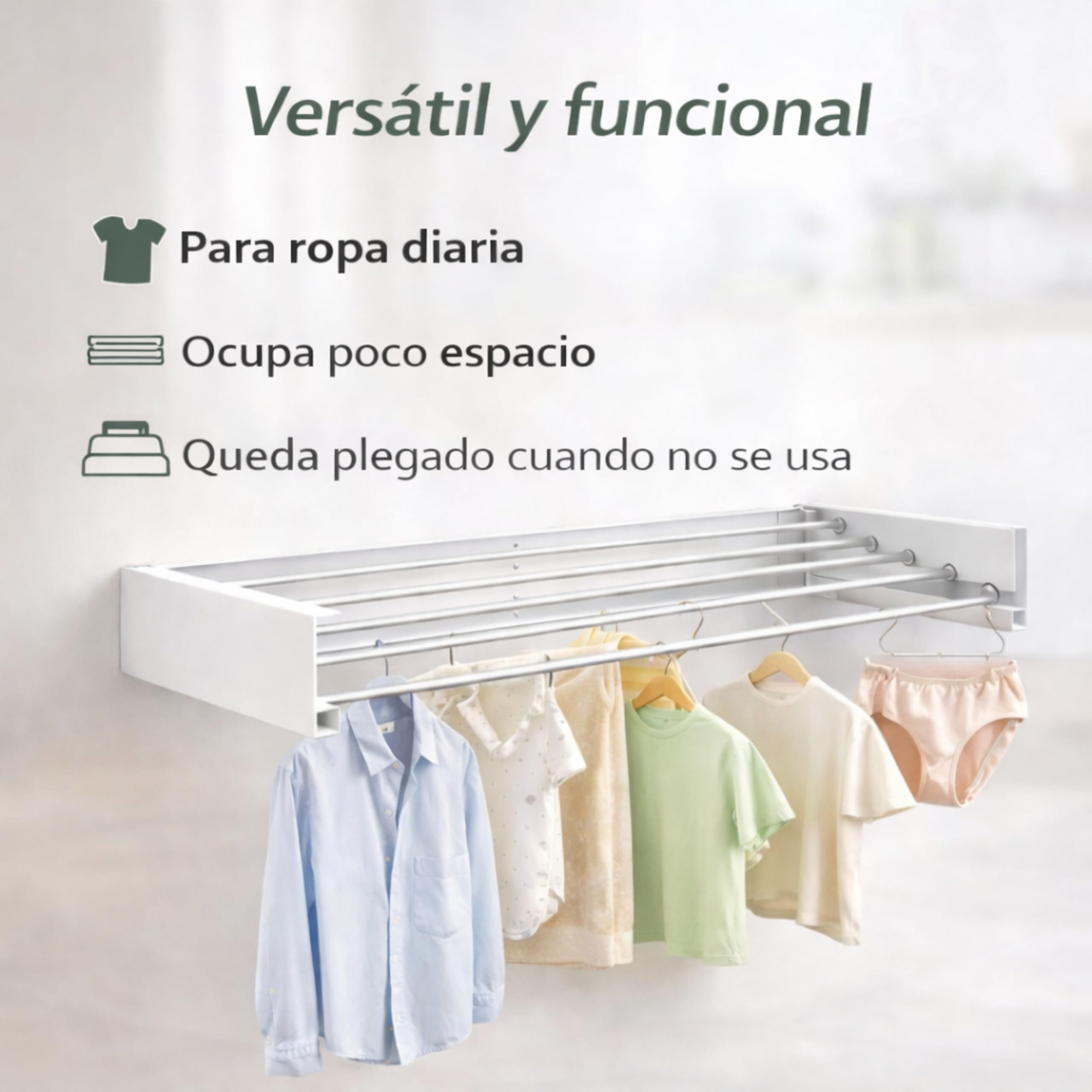 Tendedero Plegable de Pared Blanco 100 cm – Tendedero Extensible de Aluminio para Ropa, Interior y Exterior, Ahorro de Espacio, 6 Barras, Carga máxima 27 kg
