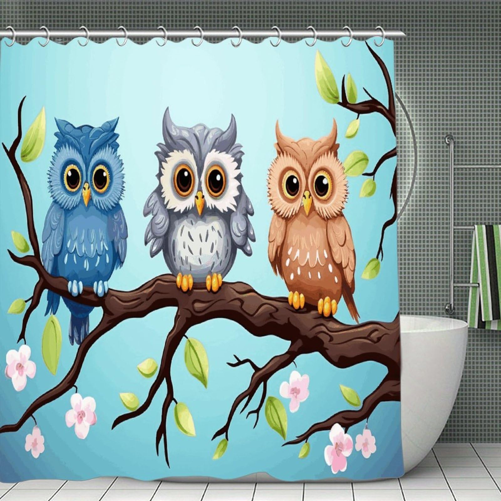 VstaDank Owls on A Branch Shower Curtain Waterproof Bathroom Curtain with Hooks Luxury Weighted Bath Curtains for Bathtubs Showers Room Dividers Decorative Shower Curtains 71x71 in