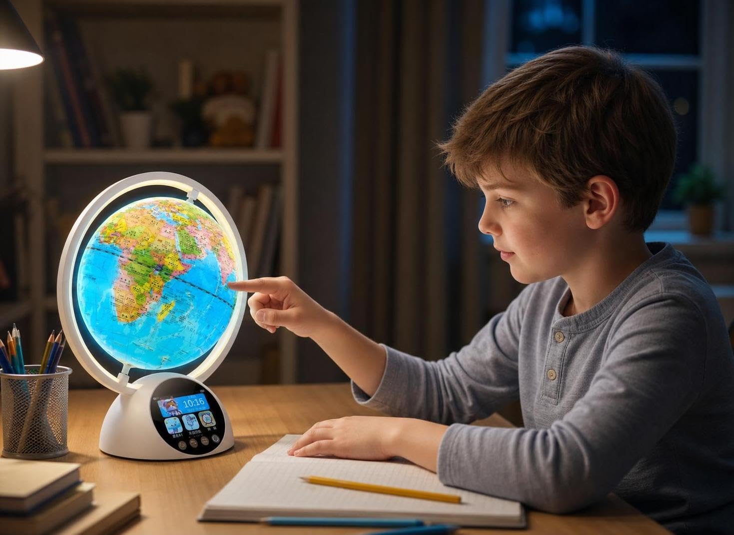 er Globe für Kinder, Lernspielzeug mit Touchscreen, Nachtlicht & Weckerfunktion, Blauer Kinderglobus