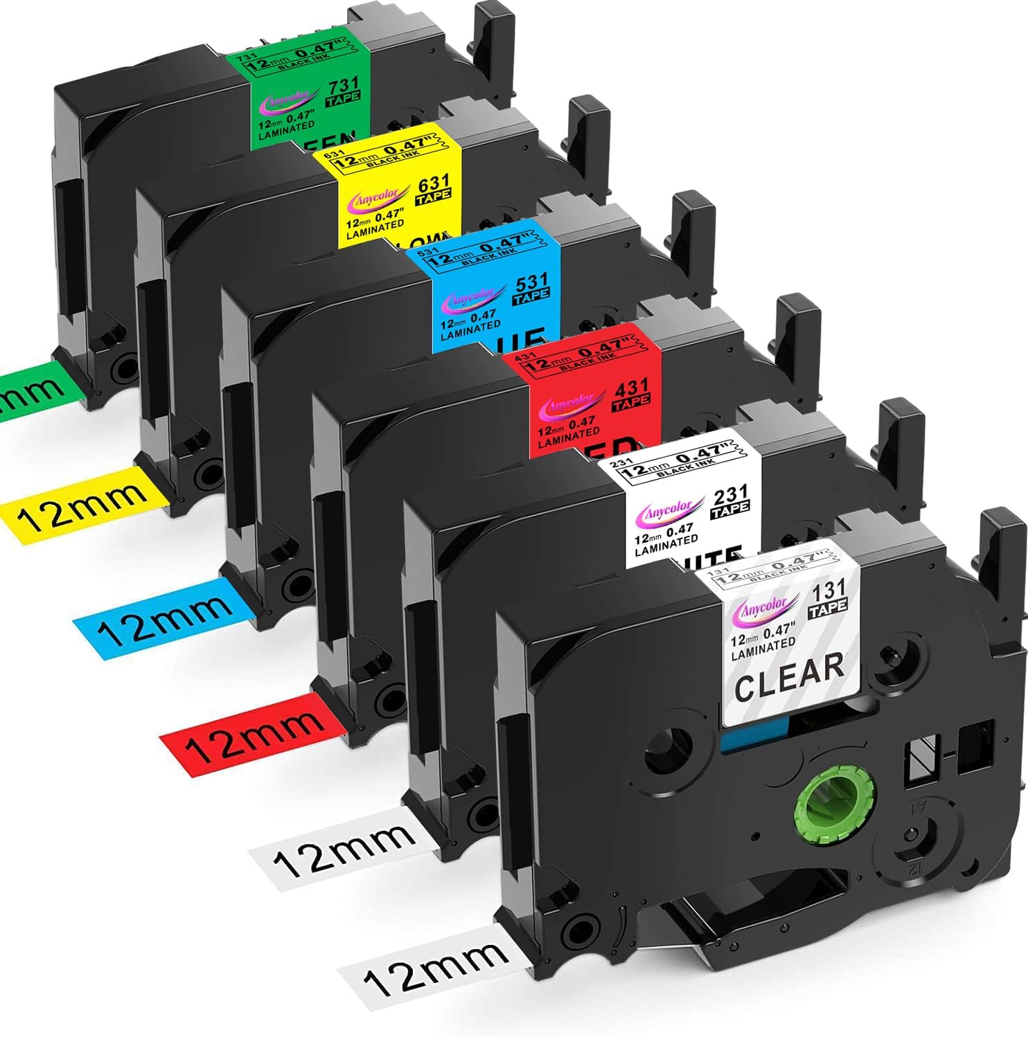 6-Pack Compatible with Brother P Touch TZe TZ Label Tape 12mm 0.47 Laminated (White/Clear/Red/Blue/Yellow/Green) for Ptouch PT-D210 PT-H110 PT-D220 PTD400 PTD410 Label Maker